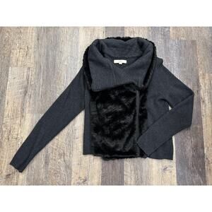 LOFT Ann‎ Taylor Women Large Charcoal Grey Faux Fur Zip Front Cardigan Sweater